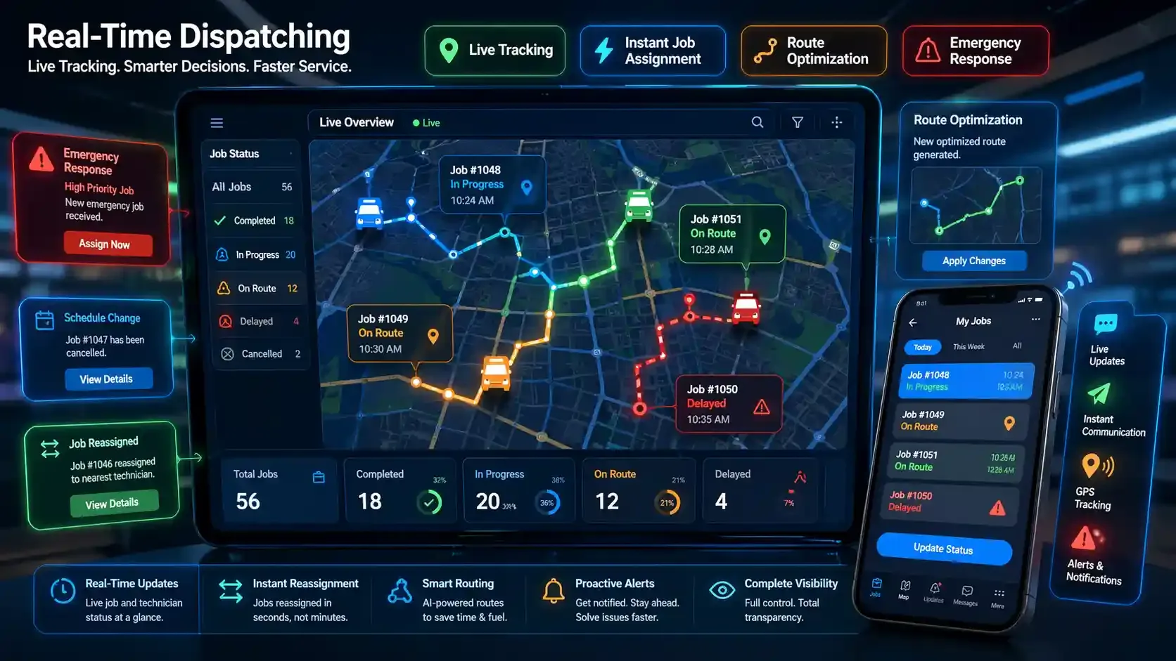 Real-time dispatch dashboard with GPS tracking, routes, and job updates